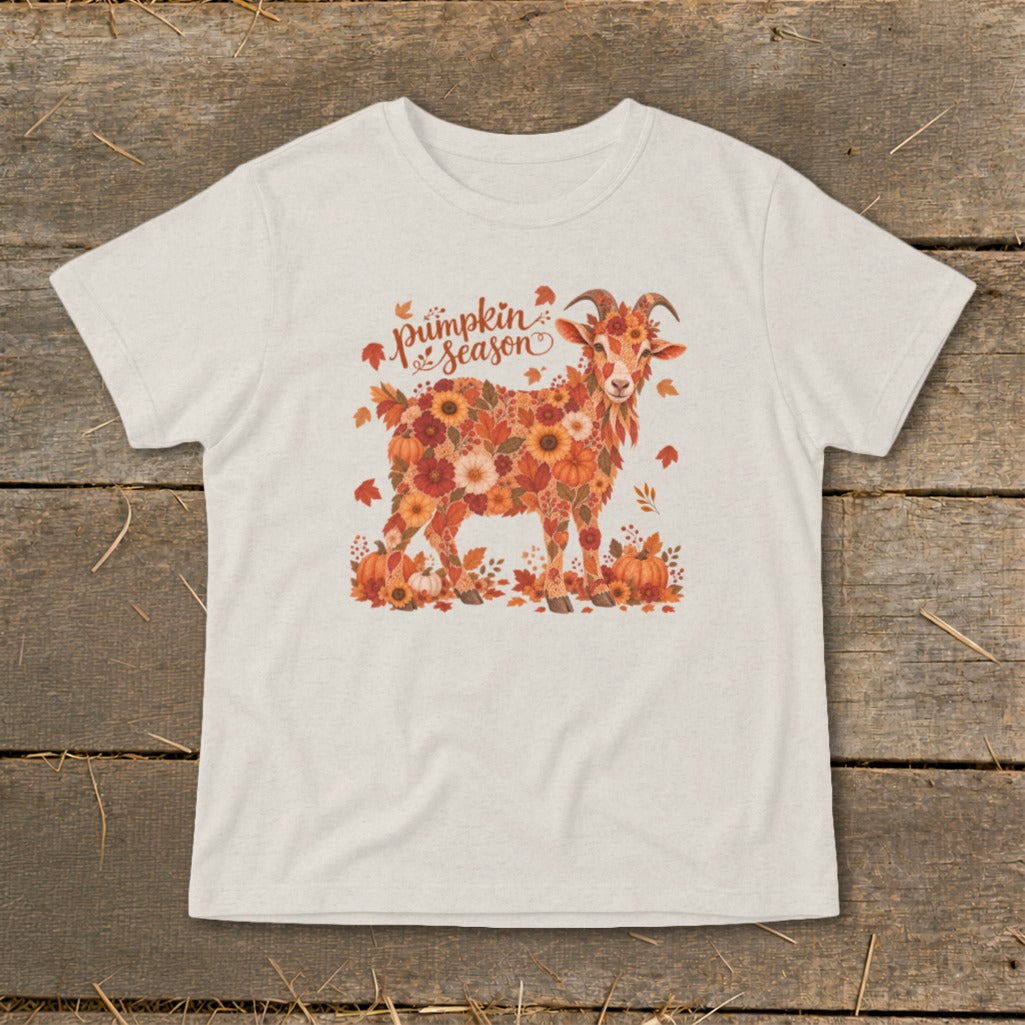 Goat made of autumn flowers and leaves with "Pumpkin Season" text.