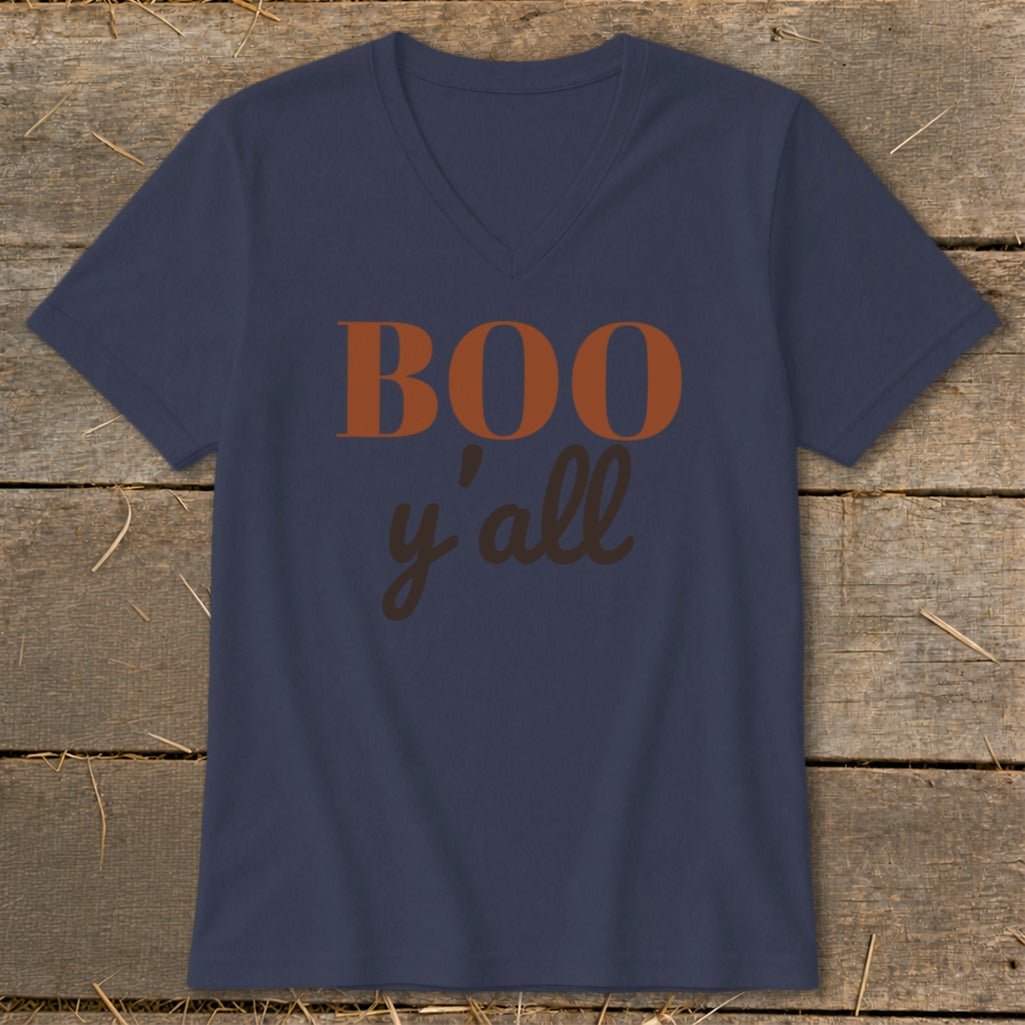 Navy t-shirt with "BOO y'all" text in orange and brown.