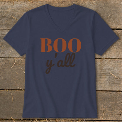 Navy t-shirt with "BOO y'all" text in orange and brown.