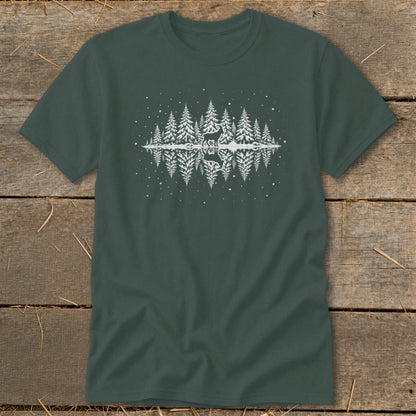 Dark green t-shirt with white deer, pine trees, and reflections design.