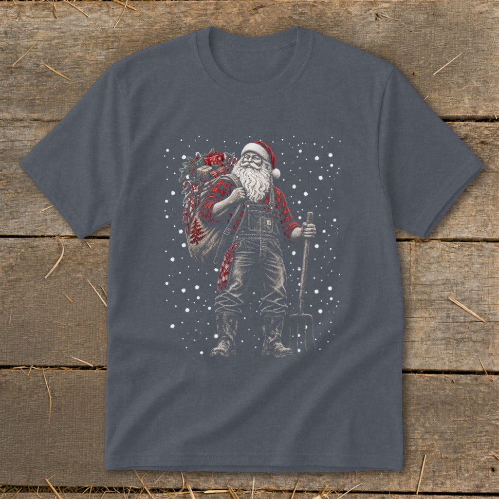 Santa Claus wearing overalls and a plaid shirt, carrying a sack and a pitchfork.