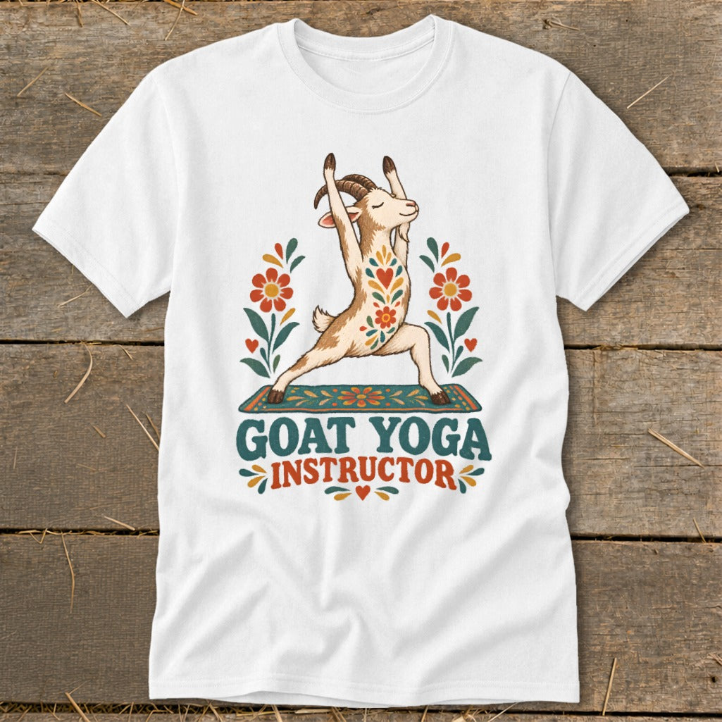 Goat doing yoga in warrior pose with floral accents and text "GOAT YOGA INSTRUCTOR".