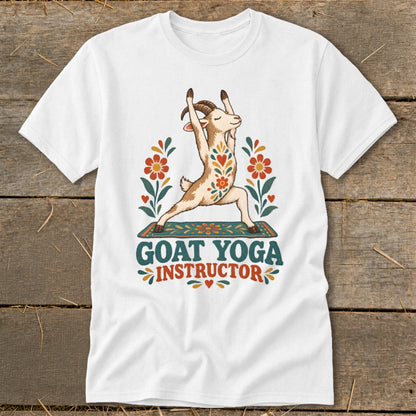 Goat doing yoga in warrior pose with floral accents and text "GOAT YOGA INSTRUCTOR".