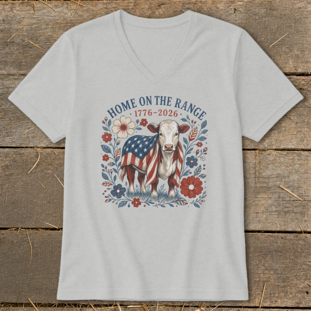 Cow wearing American flag with "Home on the Range 1776-2026" text.