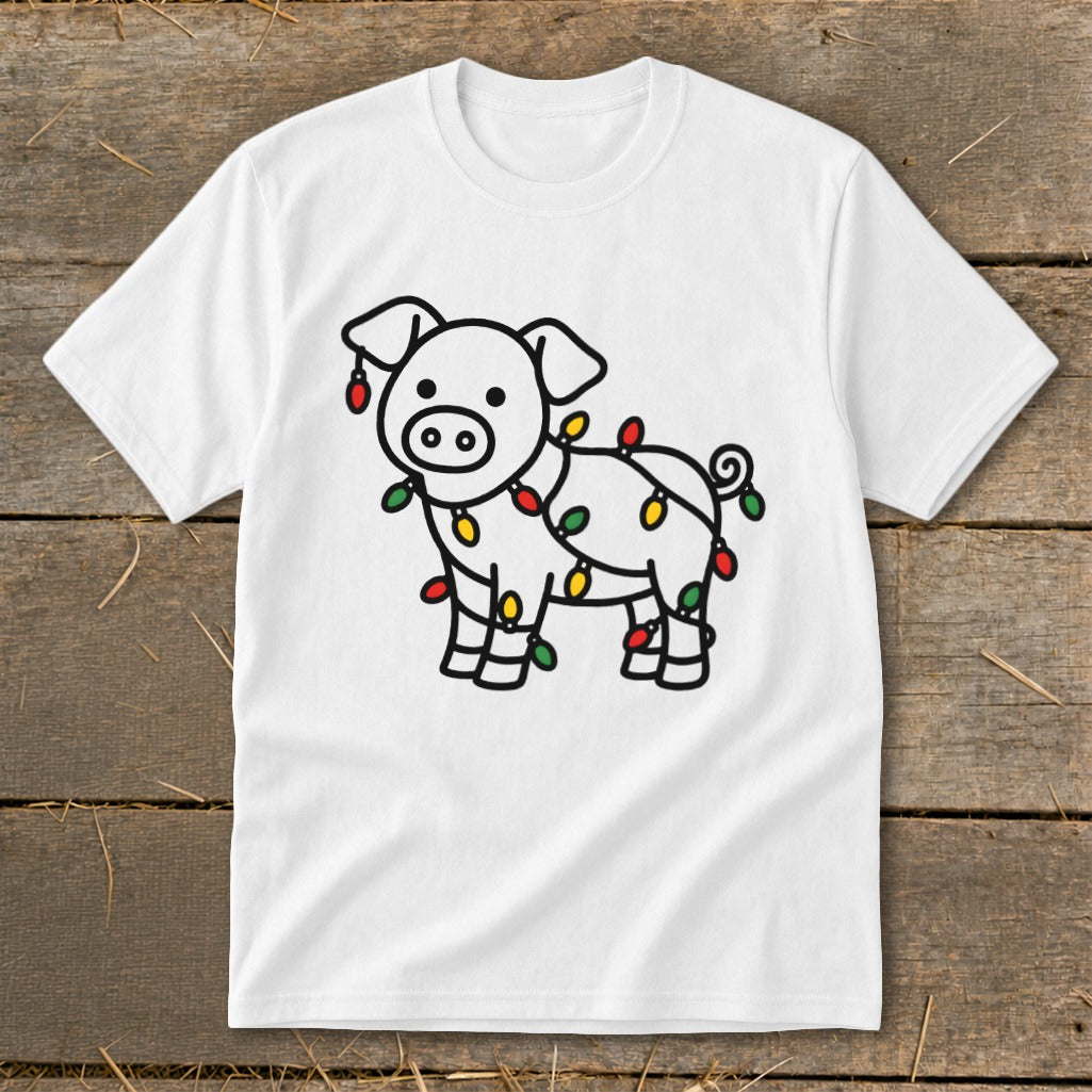 A white t-shirt featuring a line drawing of a pig tangled in colorful Christmas lights.