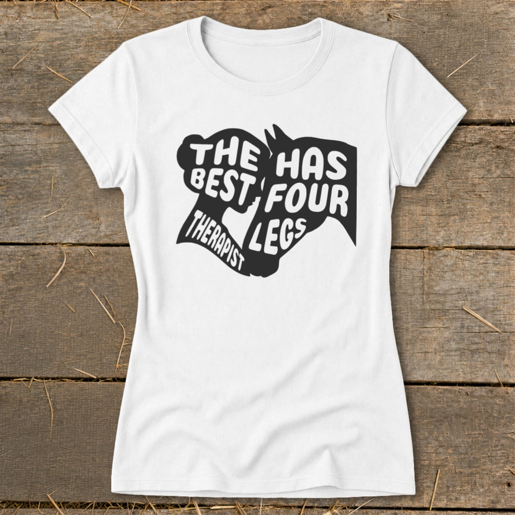 White t-shirt with black text and horse head silhouettes: "The best therapist has four legs".