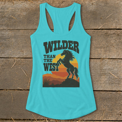 Turquoise tank top with "WILDER THAN THE WEST" text and rearing horse graphic.