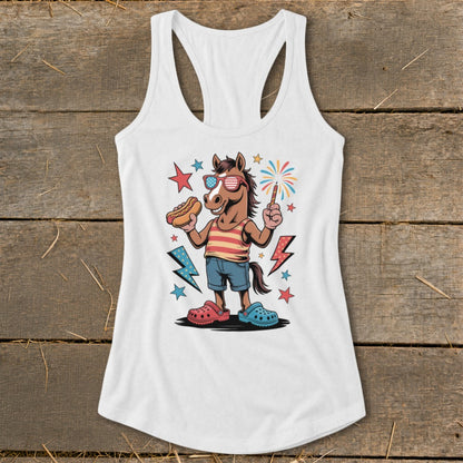 Cartoon horse with sunglasses and hot dog holding a sparkler.