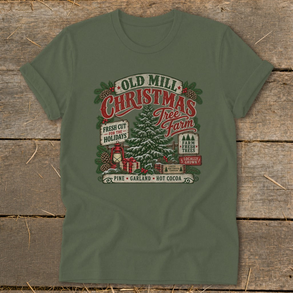 Old Mill Christmas Tree Farm graphic with pine, garland, hot cocoa, and presents.