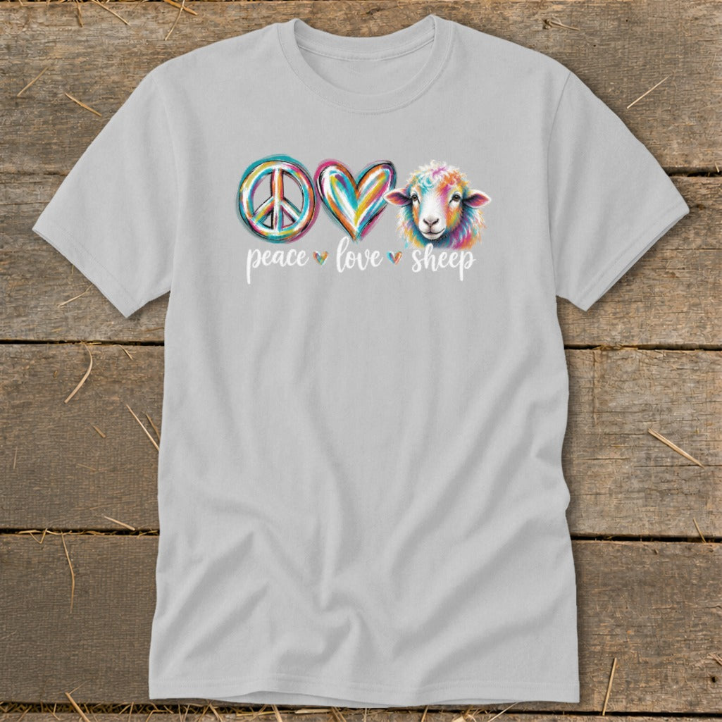 Light gray t-shirt with colorful peace sign, heart, and sheep graphic.