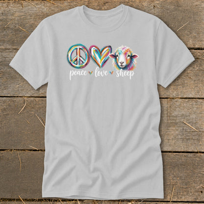 Light gray t-shirt with colorful peace sign, heart, and sheep graphic.