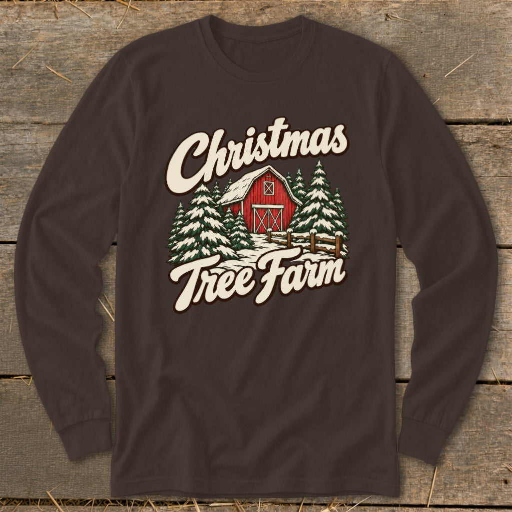 Brown long-sleeve shirt with a "Christmas Tree Farm" graphic featuring a red barn and snow-covered trees.
