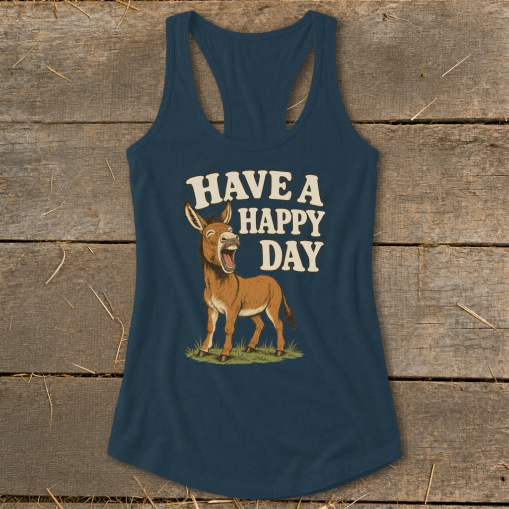 Navy tank top with a donkey illustration and "HAVE A HAPPY DAY" text.