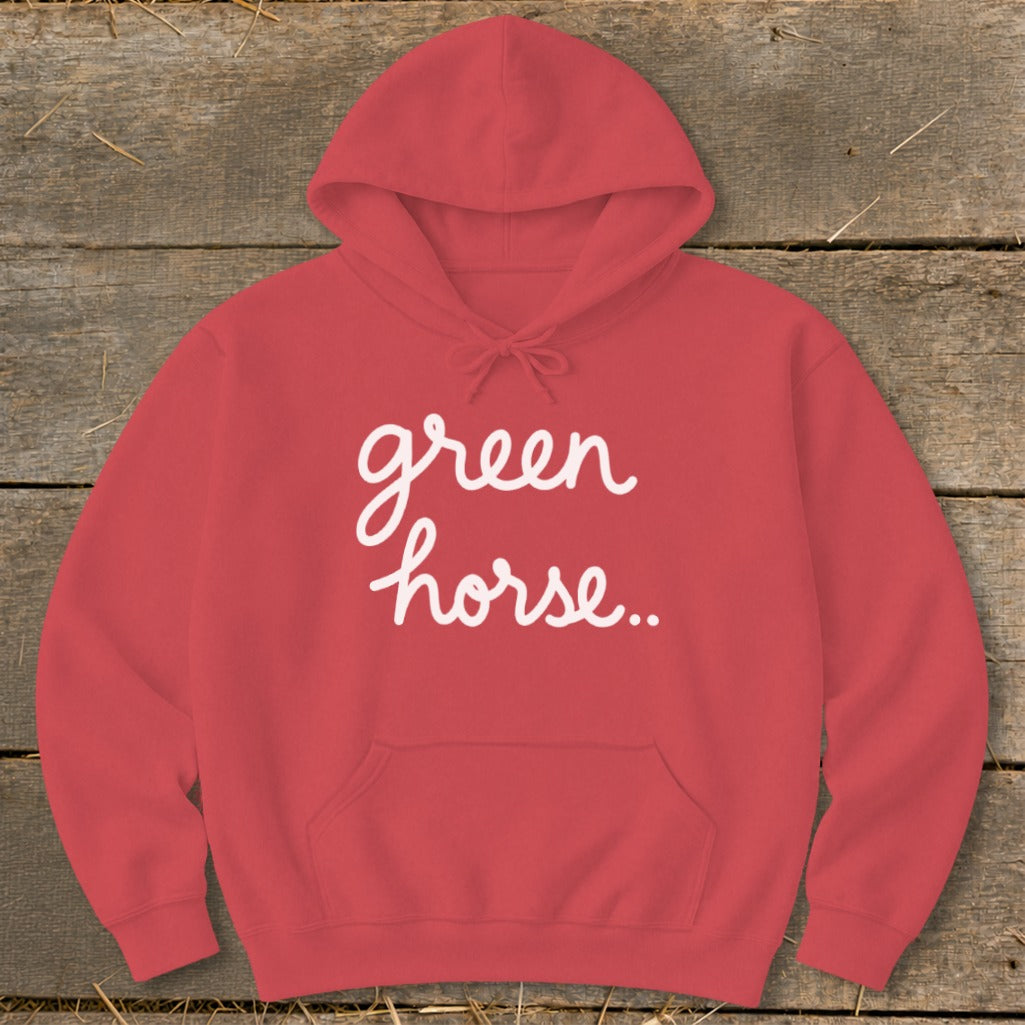 Red hoodie with white script text "green horse.." on the chest.