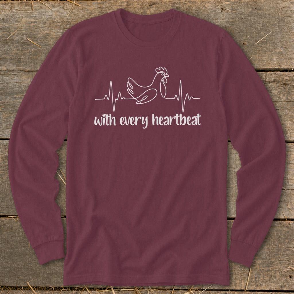 Maroon long-sleeved shirt with chicken and heartbeat graphic.