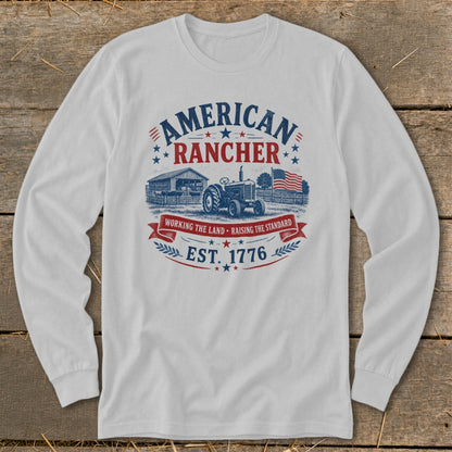 American Rancher graphic with tractor, barn, flag, and "Est. 1776."