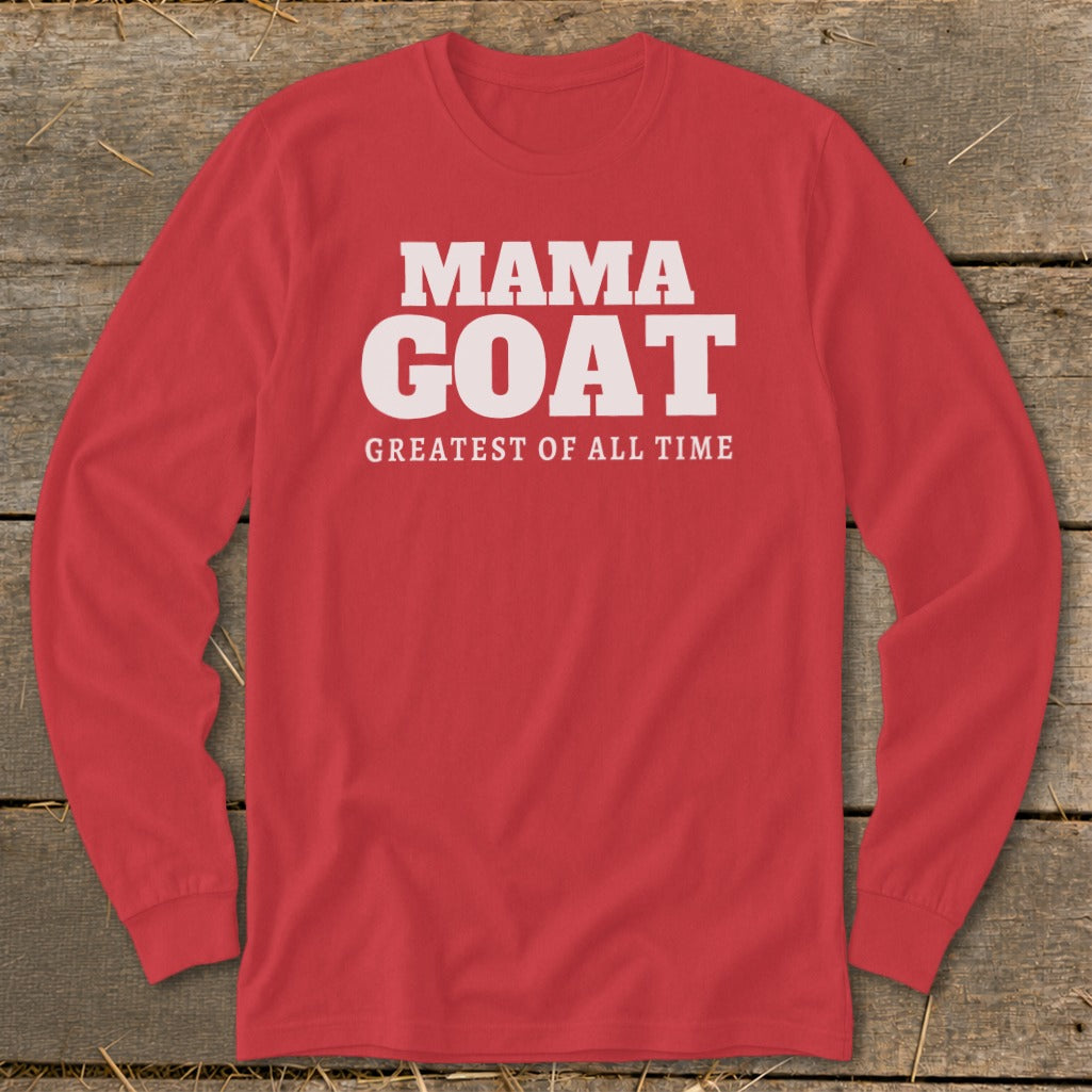Red long-sleeve shirt with "MAMA GOAT GREATEST OF ALL TIME" text.