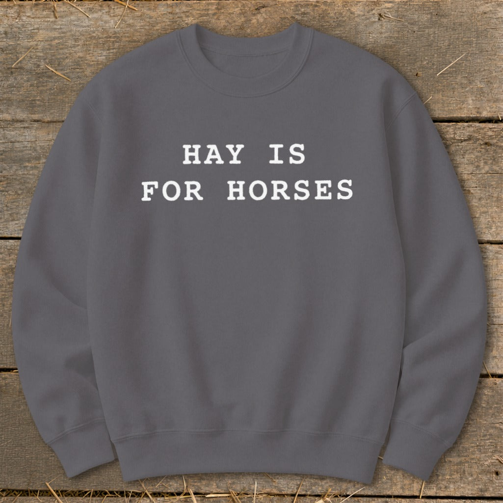 Grey sweatshirt with white text "HAY IS FOR HORSES".
