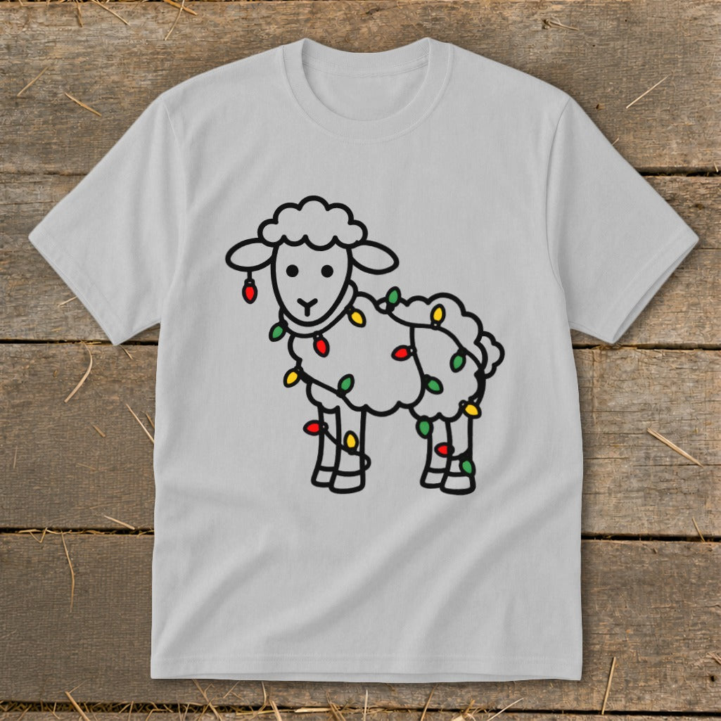Light gray crew neck t-shirt featuring a black line drawing of a sheep tangled in colorful Christmas lights.