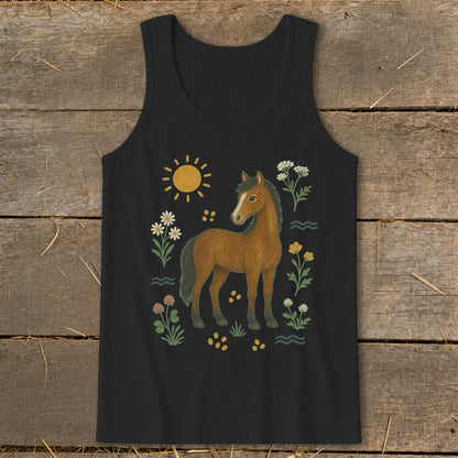 Black tank top with a brown horse and floral illustration.
