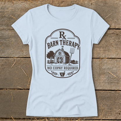 T-shirt with "Rx BARN THERAPY" and "NO COPAY REQUIRED" text and barn graphic.