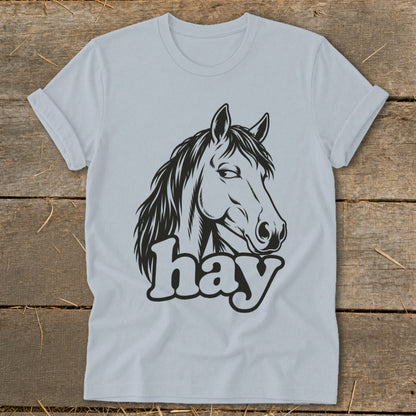 Light blue t-shirt with black horse illustration and the word "hay"