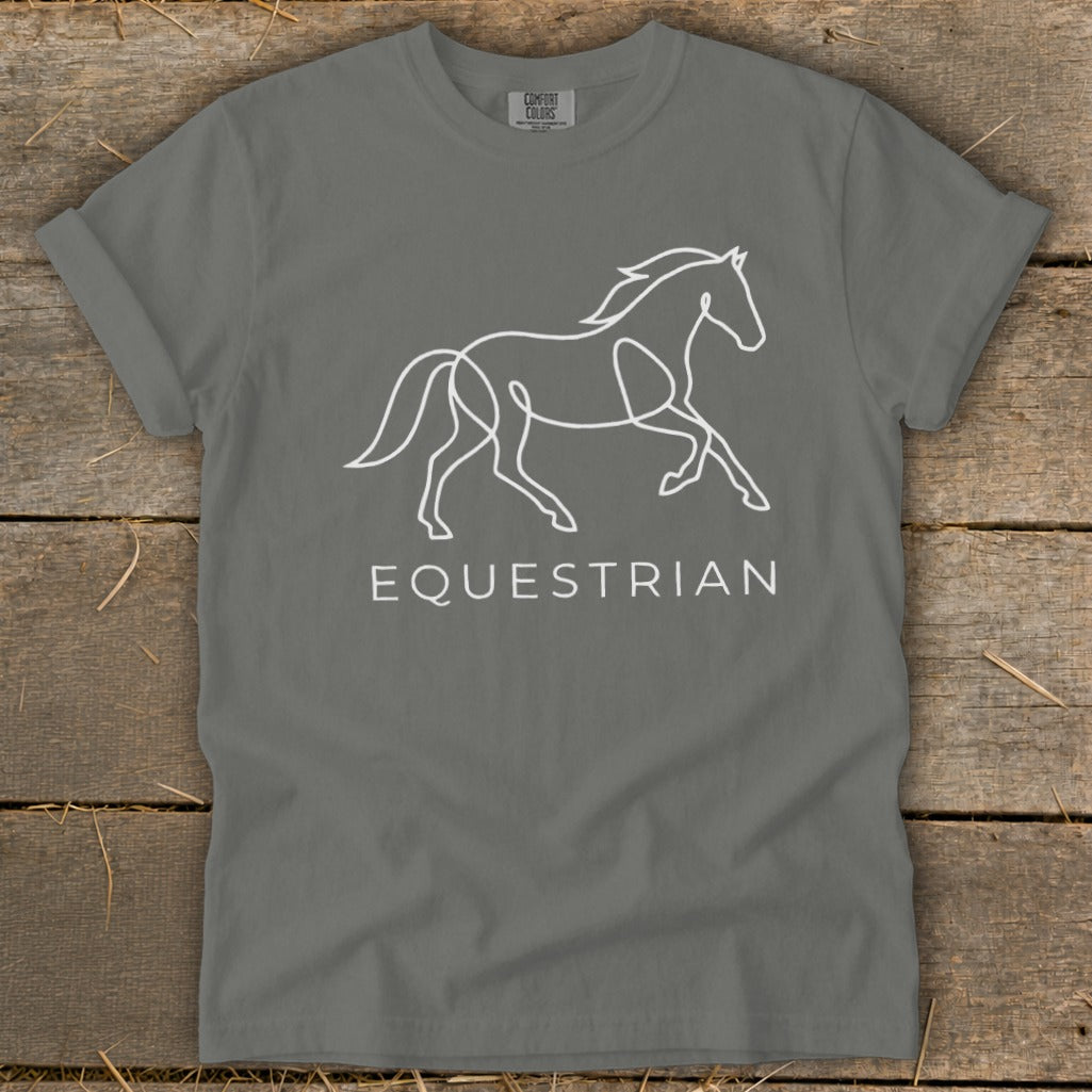Grey t-shirt with white line art of a horse and the text "EQUESTRIAN".