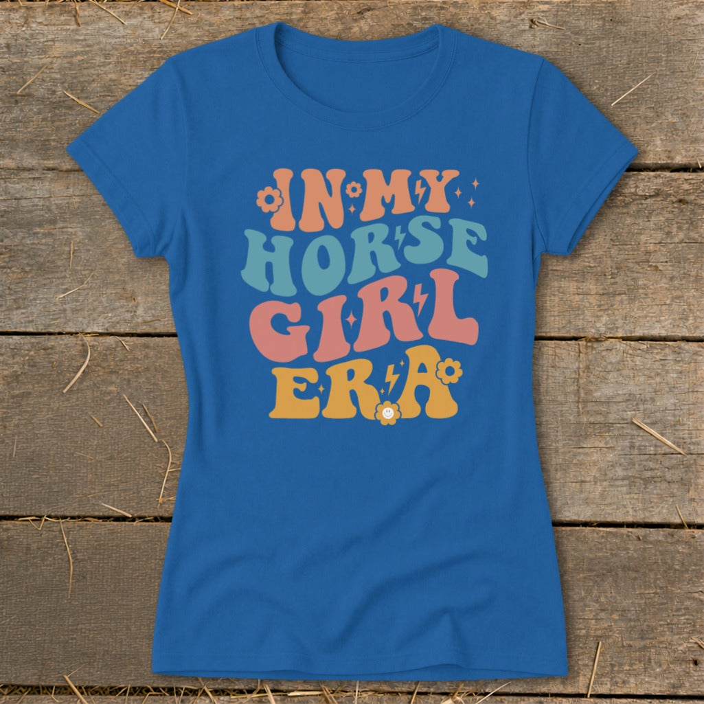 Blue t-shirt with "In My Horse Girl Era" text in groovy font and colors.