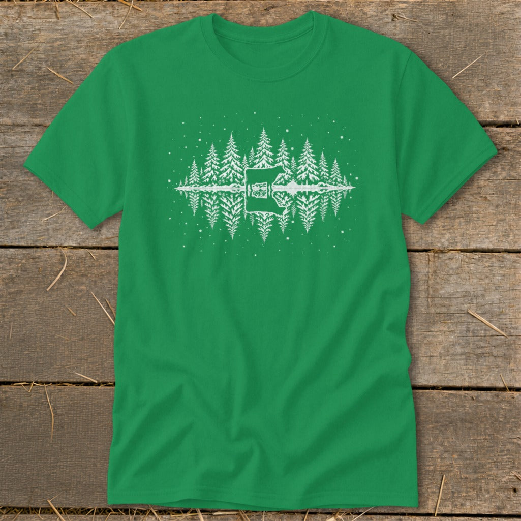 Green t-shirt with white graphic of pine trees reflected in water and a musical note.
