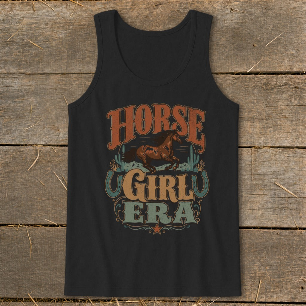 Black tank top with "Horse Girl Era" text and a running horse graphic.