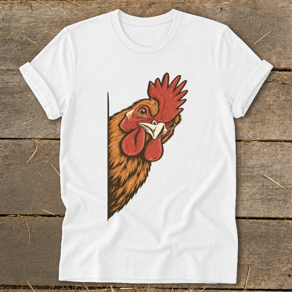 White t-shirt with a colorful illustration of a chicken peeking from the side.