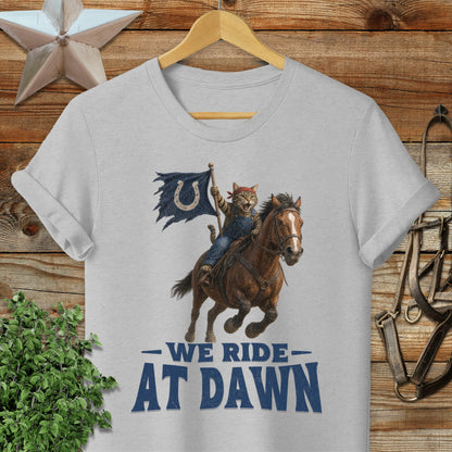 Cat riding a horse holding a distressed Indianapolis Colts flag, "We Ride At Dawn" text.