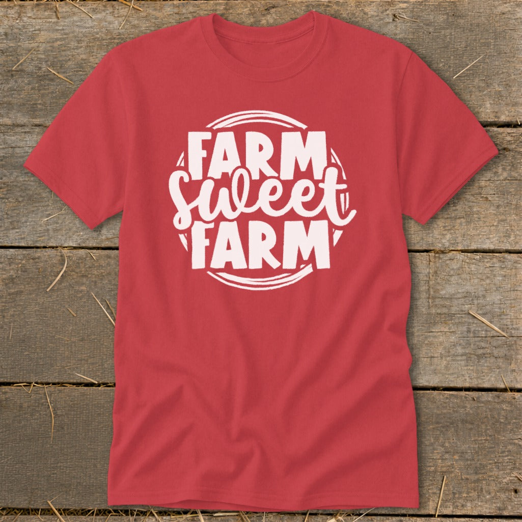 Red t-shirt with white "Farm Sweet Farm" text design inside a circular graphic.