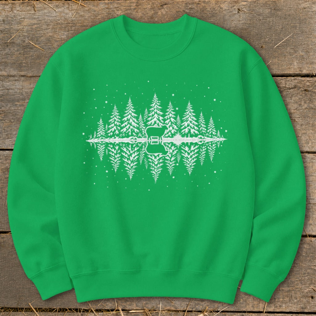 Green sweatshirt with white graphic of a guitar in a snowy forest reflected in water.