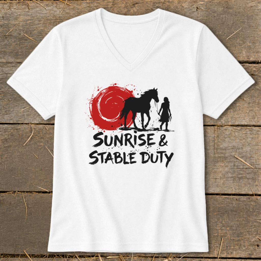 White t-shirt with "Sunrise & Stable Duty" text, horse and person silhouettes, and red sun.