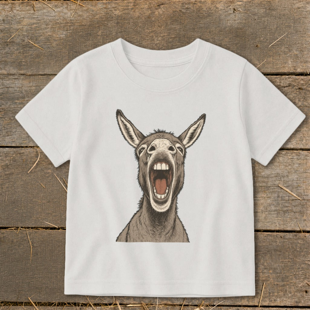 White t-shirt with a drawing of a donkey with its mouth open and eyes wide.