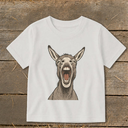 White t-shirt with a drawing of a donkey with its mouth open and eyes wide.