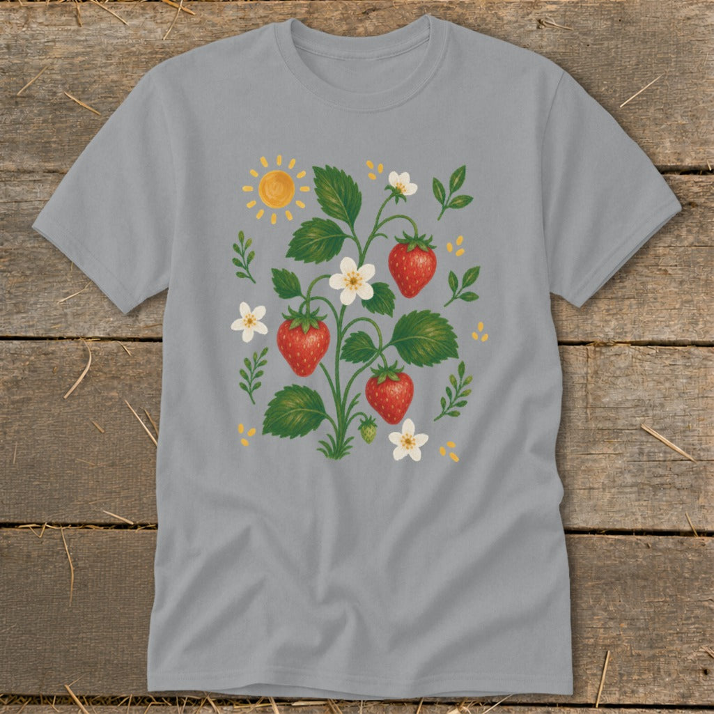 Gray t-shirt with a whimsical strawberry plant illustration featuring ripe berries and white flowers.