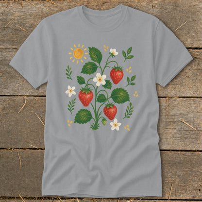 Gray t-shirt with a whimsical strawberry plant illustration featuring ripe berries and white flowers.