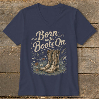 Navy v-neck t-shirt with "Born with Boots On" and cowboy boots graphic.