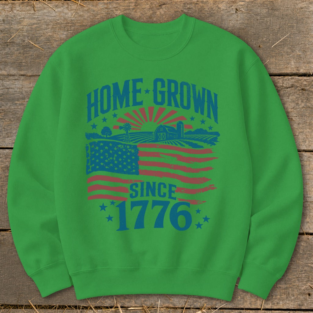 Green sweatshirt with "Home Grown Since 1776" graphic and American flag farm scene.