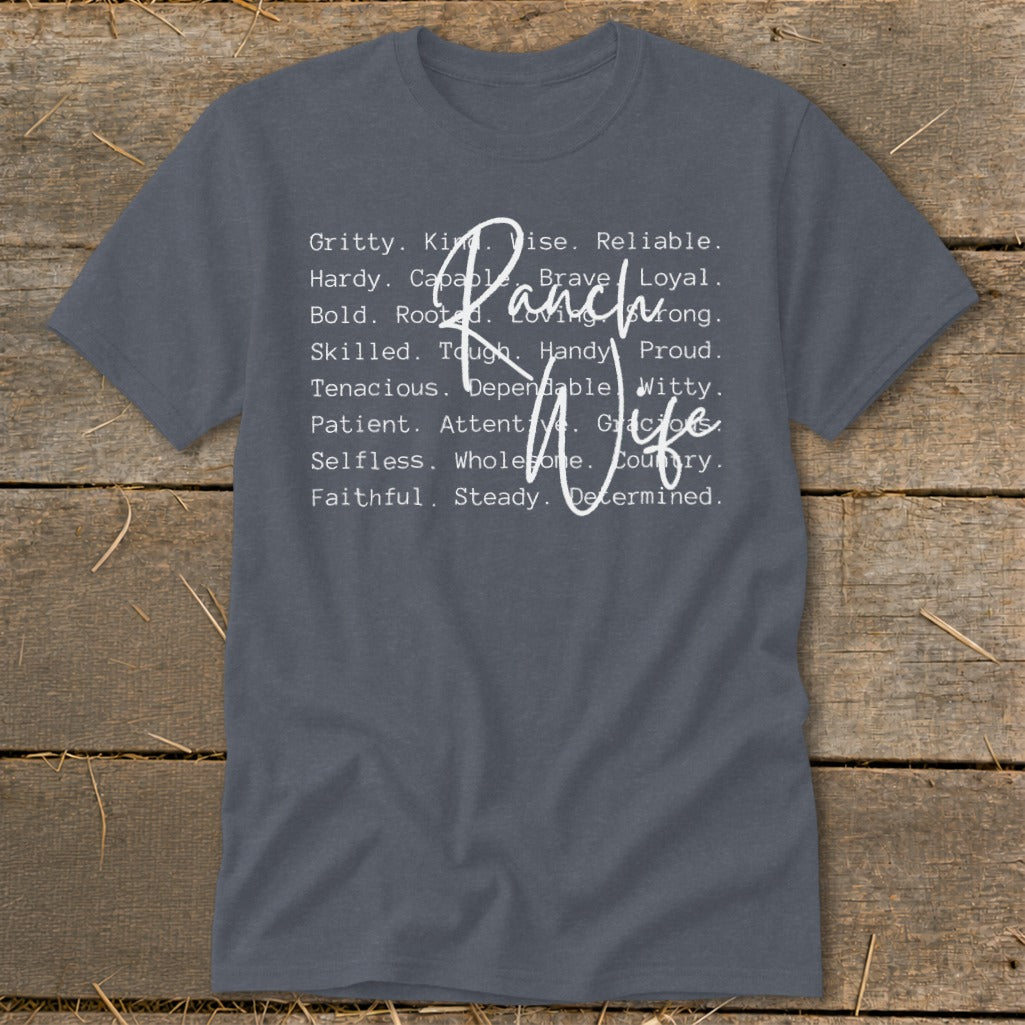 Charcoal t-shirt with "Ranch Wife" text and descriptive words in white.