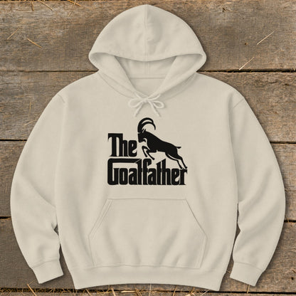 Beige hoodie with "The Goatfather" text and goat graphic.