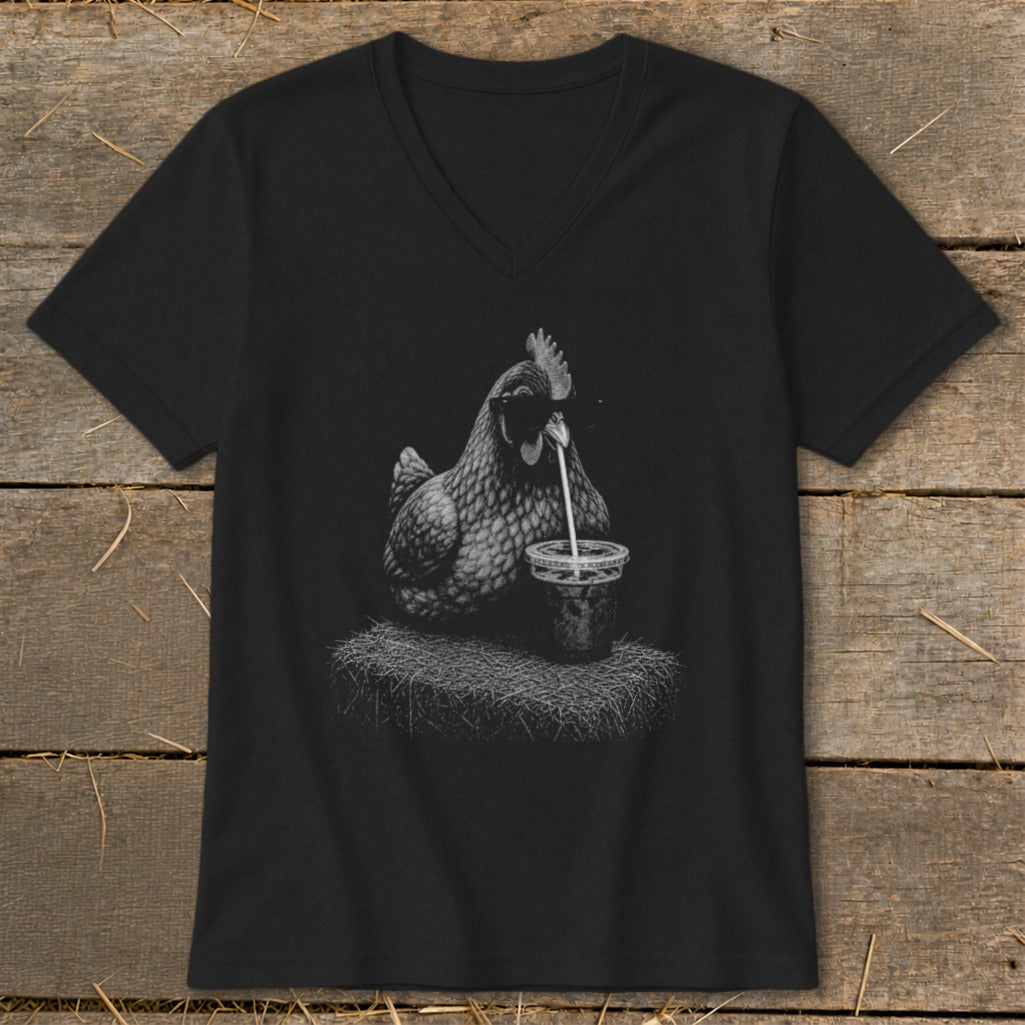 Black v-neck t-shirt with a gray chicken drinking from a cup with a straw.
