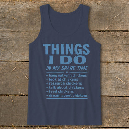 Navy tank top with "Things I Do In My Spare Time" and chicken-related activities.