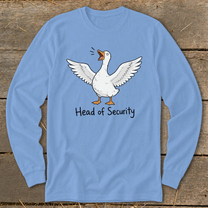 Light blue long-sleeve shirt with a cartoon goose and "Head of Security" text.
