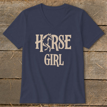 Navy v-neck t-shirt with "HORSE GIRL" text and horse silhouette.