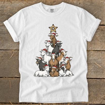 Christmas tree made of goats wearing Santa hats, topped with a star.