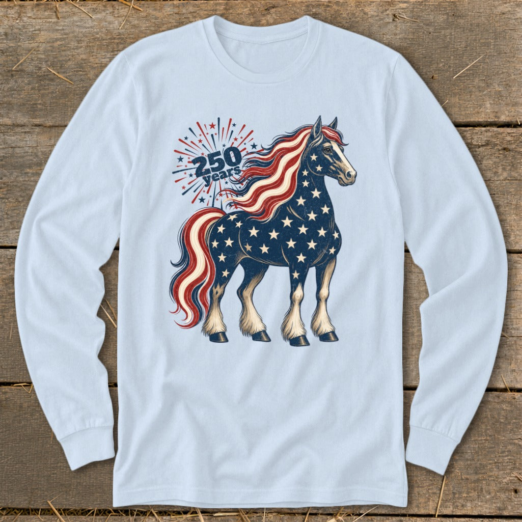 Horse with American flag pattern and "250 years" text.