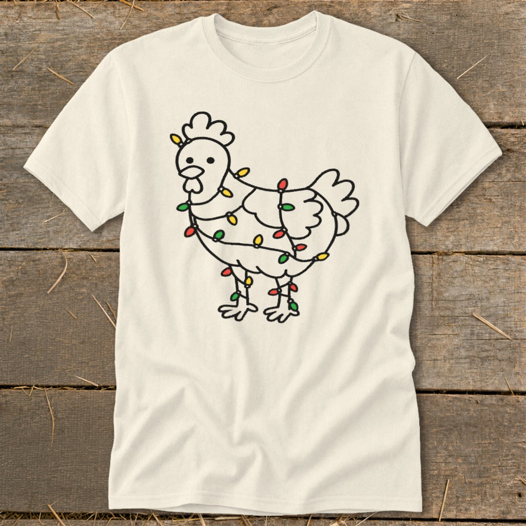 Cream t-shirt with a black outline drawing of a chicken wrapped in colorful Christmas lights.